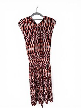 Leota Geometric Cap-Sleeve Midi Dress in Black, Pink & Orange